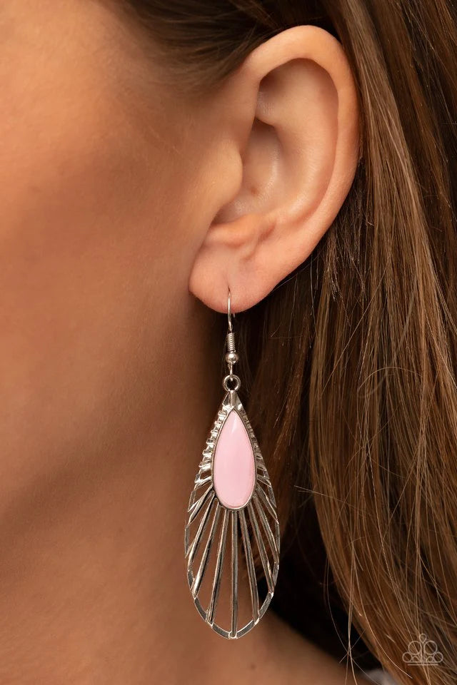 Paparazzi Accessories WING-A-Ding-Ding - Pink Reminiscent of a butterfly wing, shiny silver bars flare out from an opaque Pale Rosette teardrop bead and delicately connect into a whimsical frame. Earring attaches to a standard fishhook fitting. Jewelry