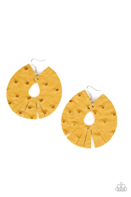 Paparazzi Accessories Palm Island - Yellow Dotted in distressed textures, a golden yellow leather teardrop is spliced into a trendy fringe-like pattern. Earring attaches to a standard fishhook fitting. Sold as one pair of earrings. Jewelry