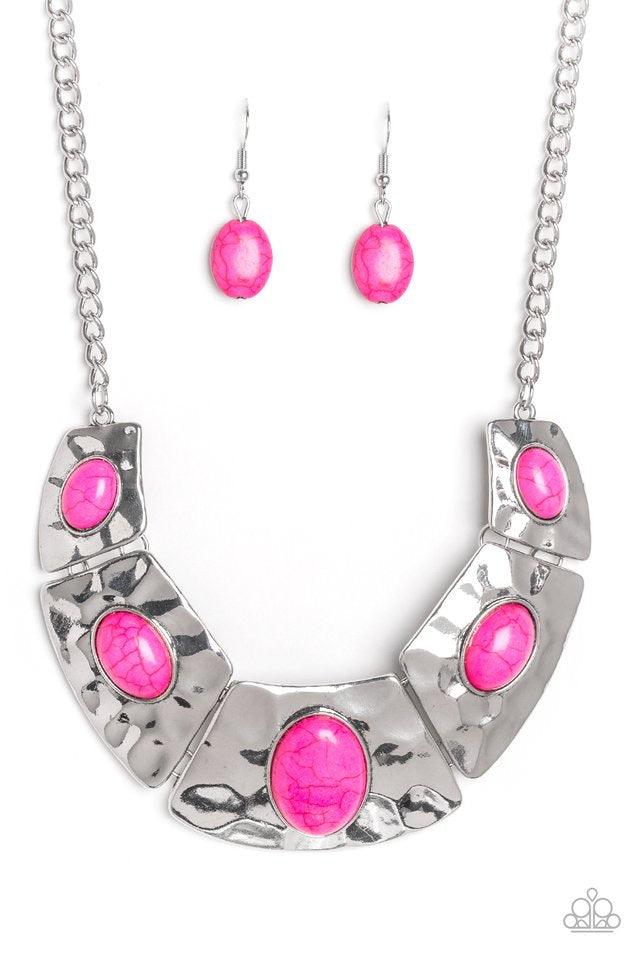 Paparazzi Accessories RULER In Favor - Pink Dotted with vivacious pink stone accents, a collection of hammered silver plates link below the collar for an artisan inspired look. Features an adjustable clasp closure. Jewelry