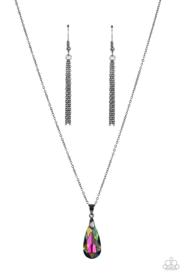 Paparazzi Accessories Optimized Opulence - Multi 2 A glittery oil spill teardrop gem swings from the bottom of a glistening gunmetal chain, creating a stellar pendant below the collar. Features an adjustable clasp closure. Sold as one individual necklace.