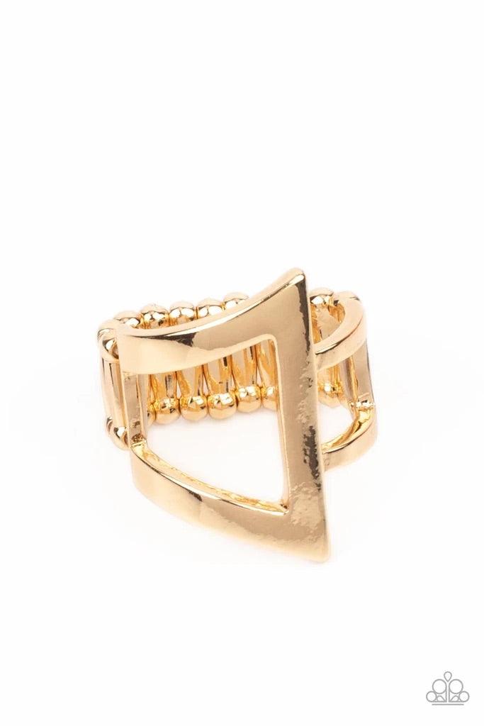 Paparazzi Accessories Rebel Edge - Gold Featuring a high sheen finish, flared gold bars create a bold asymmetrical triangle atop the finger. Two small gold bars wrap around the side for an edgy modern finish. Features a stretchy band for a flexible fit. S