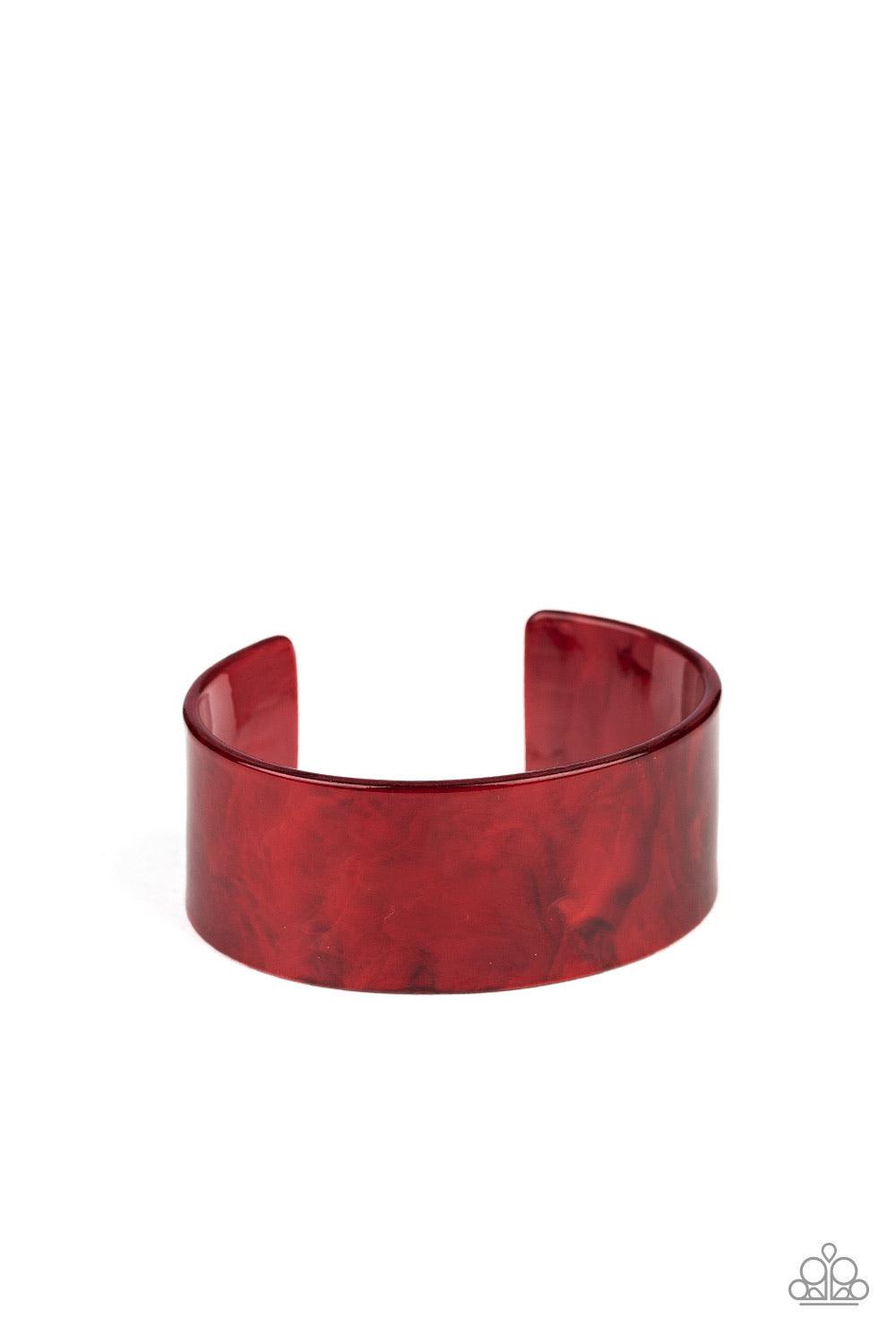 Paparazzi Accessories Glaze Over - Red Glazed in shimmer, a red acrylic cuff curls across the wrist for a colorfully retro look. Jewelry
