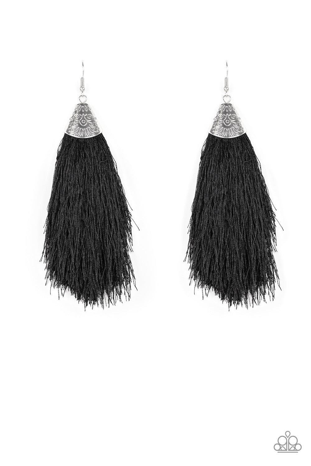 Paparazzi Accessories Tassel Temptress ~Black A plume of soft black thread is pinched between a shimmery silver fitting stamped in tribal inspired textures, creating a foxy tassel. Earring attaches to a standard fishhook fitting. Jewelry