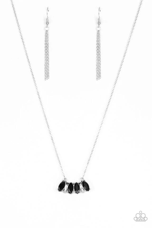 Paparazzi Accessories Deco Decadence - Black Featuring elegant marquise style cuts, glittery black rhinestones join with silver accents below the collar, creating a dainty pendant. Features an adjustable clasp closure. Sold as one individual necklace. Inc