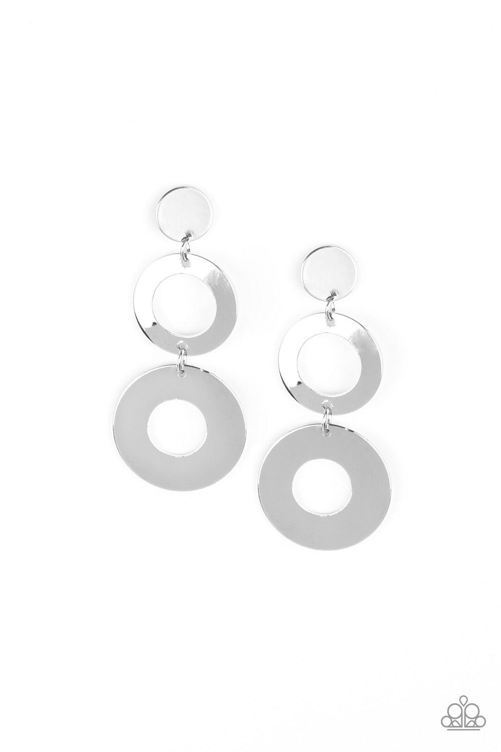 Paparazzi Accessories Pop Idol - Silver Attached to a silver fitting, glistening silver hoops link together, creating a shimmery lure. Earring attaches to a standard post fitting. Jewelry