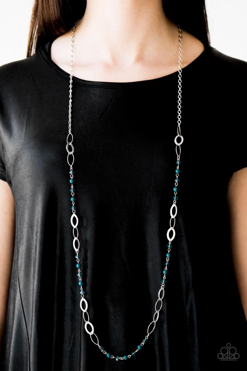 Paparazzi Accessories Sparkling Sophistication - Blue Polished Shaded Spruce and crystal-like beading trickle along a dainty silver chain for a sophisticated look. Marquise-shaped silver discs are sprinkled between the colorful beading for a shiny finish.