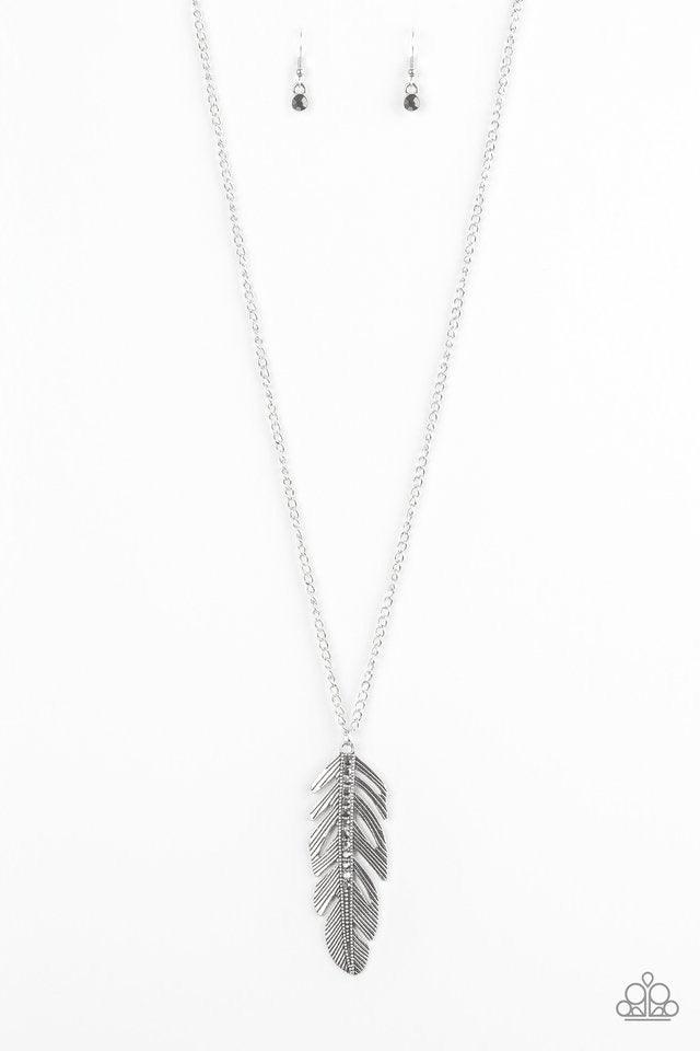 Paparazzi Accessories Sky Quest - Silver Glittery hematite rhinestones are encrusted down the spine of a life-like silver feather. The whimsical pendant swings from the bottom of a lengthened silver chain for a seasonal look. Features an adjustable clasp