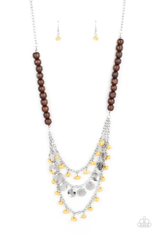 Paparazzi Accessories Plains Paradise - Yellow Adorned with yellow pebbles and hammered silver discs, three silver chains layer from strands of brown wooden beads, creating an earthy fringe below the collar. Features an adjustable clasp closure. Sold as o