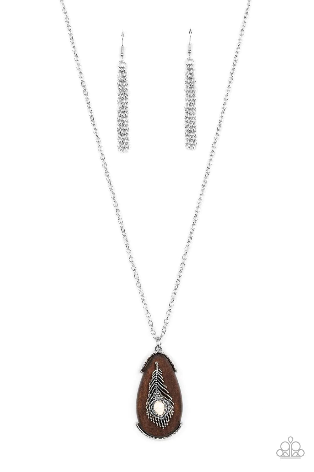 Paparazzi Accessories Personal FOWL - White A teardrop white stone adorns a studded silver feather that embellishes an oversized wooden pendant at the bottom of an extended silver chain, resulting in a whimsically rustic pendant. Features an adjustable cl