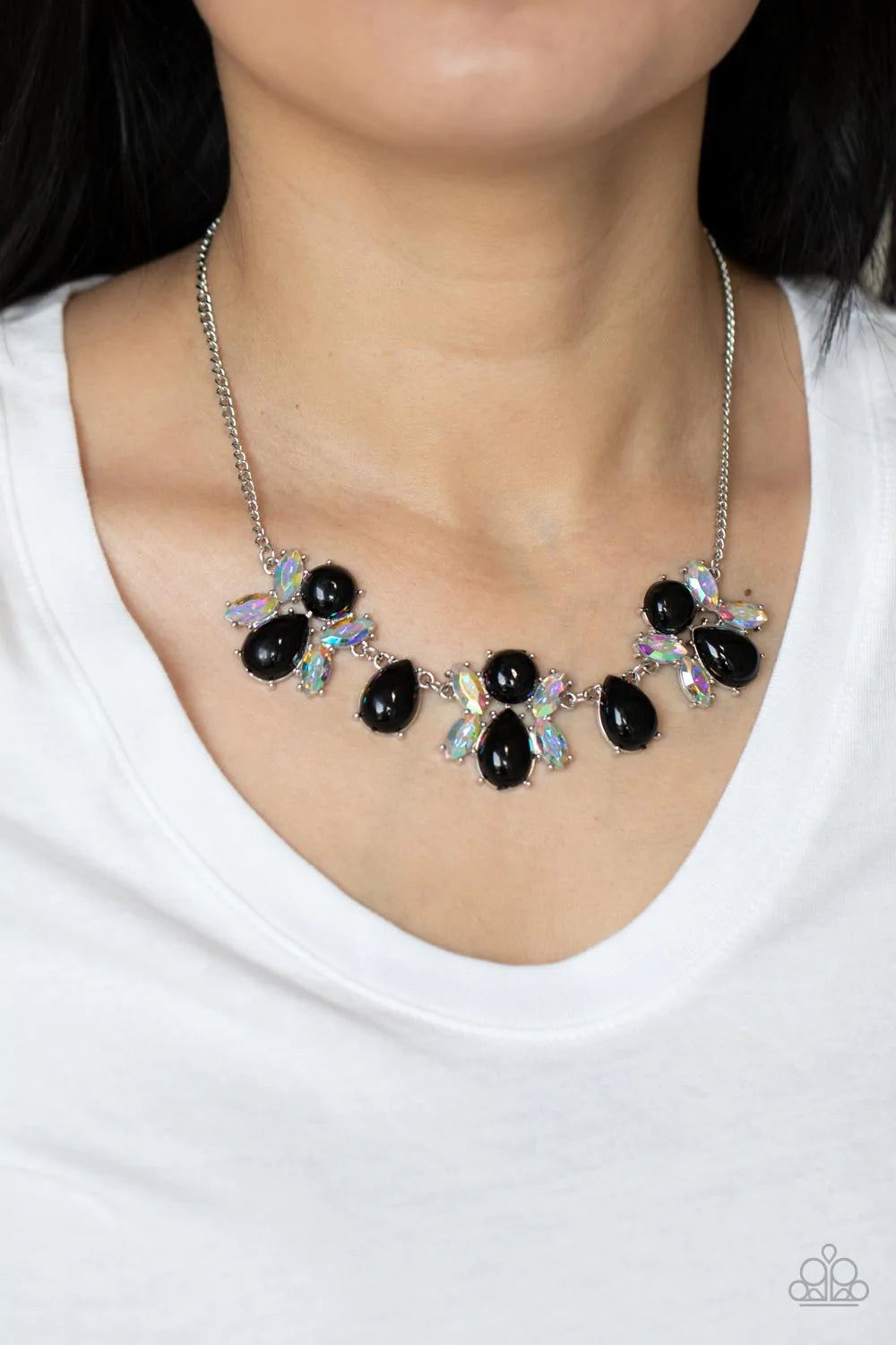 Paparazzi Accessories Galaxy Gallery - Black A bubbly collection of round and teardrop black beads coalesce with iridescent marquise cut rhinestones below the collar, creating a stellar centerpiece. Features an adjustable clasp closure. Sold as one indivi