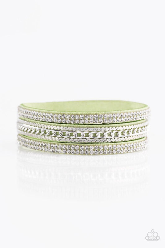 Paparazzi Accessories Unstoppable - Green Glassy white rhinestones and shimmery silver chains are encrusted along strands of green suede, creating a mishmash of sassy shimmer around the wrist for a fierce look. Features an adjustable snap closure. Bracele