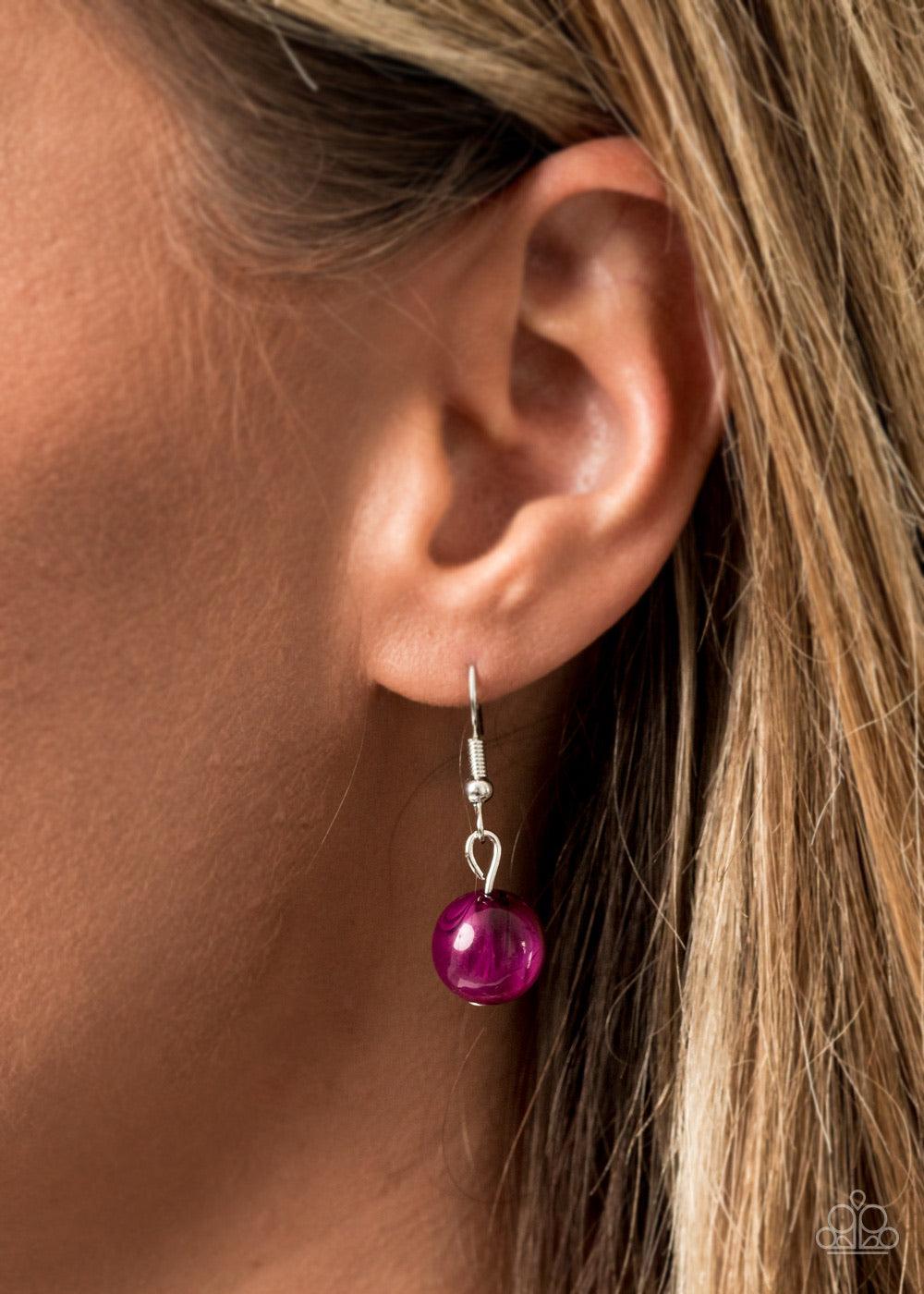 Paparazzi Accessories Sorry To Burst Your Bubble - Purple Attached to a bold silver chain, round opaque plum beads are threaded along an invisible wire below the collar. Attached to a net of silver chains, faceted opaque teardrops cascade from the bottom