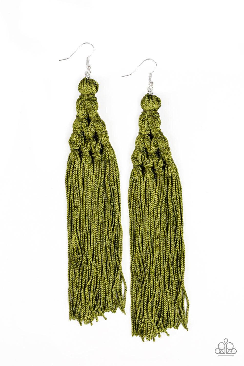 Paparazzi Accessories Magic Carpet Ride - Green Woven into an intricate frame, shiny Guacamole tassels stream from the ear, creating a majestic fringe. Earring attaches to a standard fishhook fitting. Jewelry