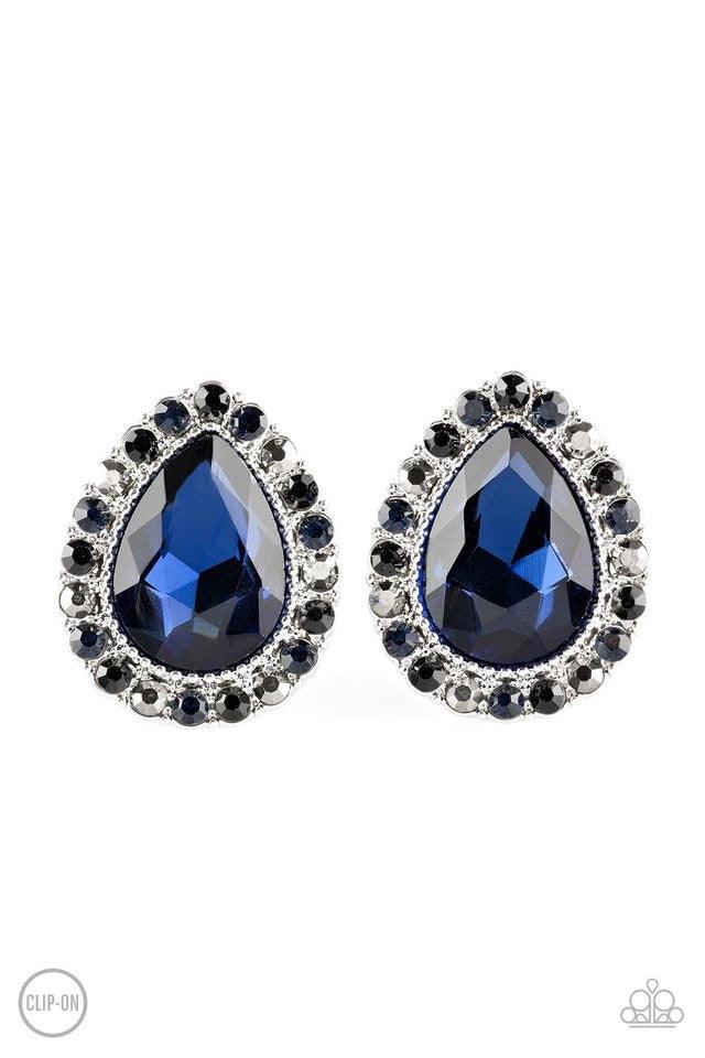 Paparazzi Accessories All HAUTE and Bothered - Multi *Clip-On Glassy black, blue, and hematite rhinestones spin around a faceted blue teardrop gem for a regal look. Earring attaches to a standard clip-on fitting Jewelry