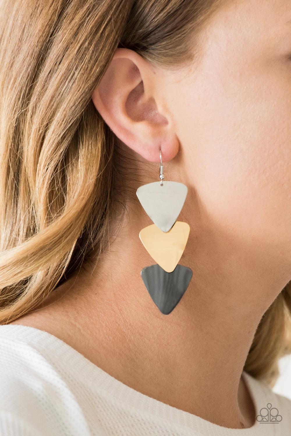 Paparazzi Accessories Terra Trek - Multi Brushed in a high-sheen shimmer, glistening silver, gold, and gunmetal triangular frames cascade from the ear, creating an edgy lure. Earring attaches to a standard fishhook fitting. Jewelry