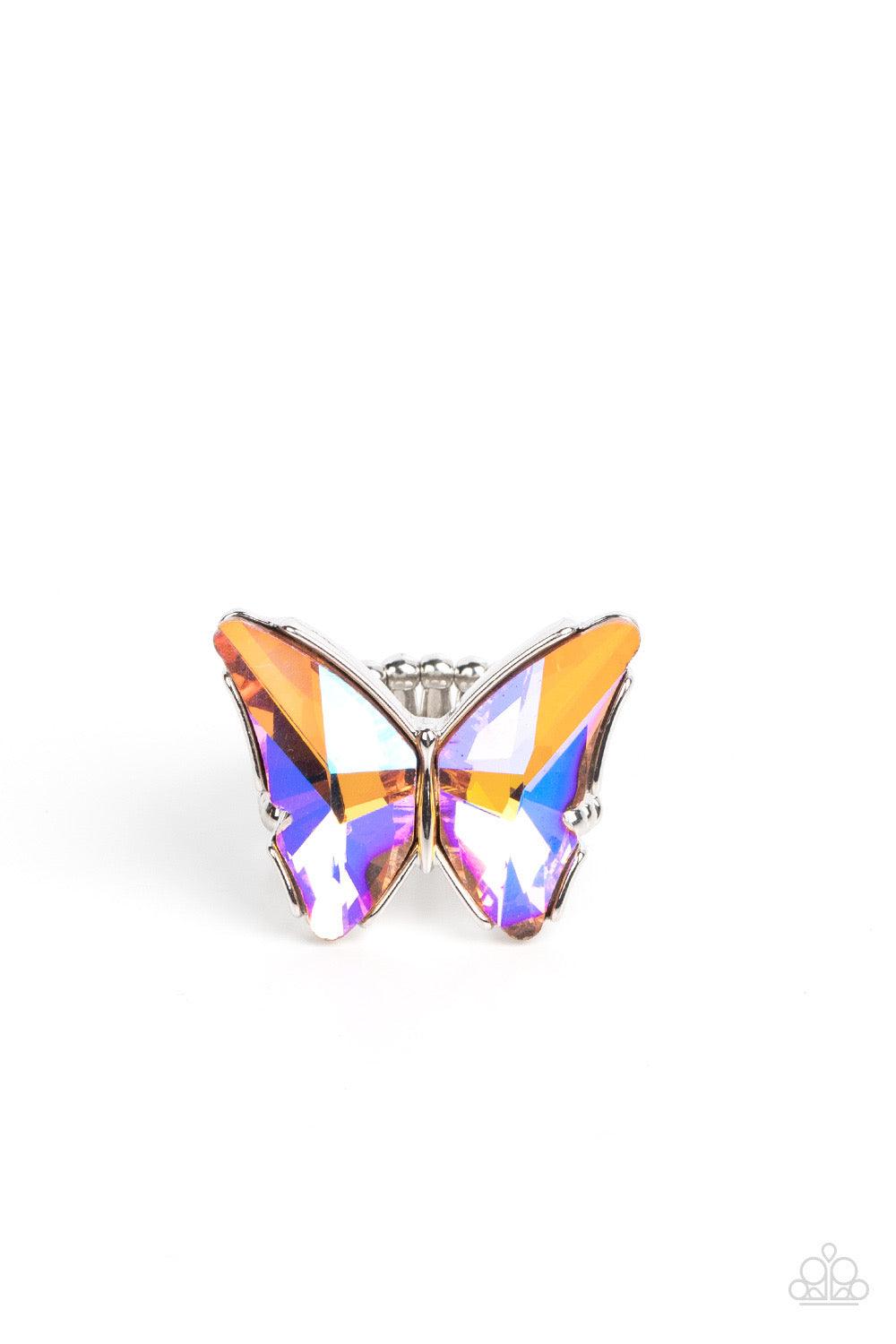 Paparazzi Accessories Fluorescent Flutter - Orange Featuring a stellar UV finish, a pair of glittery orange gems adorns the wings of a silver butterfly atop the finger for an eye-catching finish. Features a stretchy band for a flexible fit. Due to its pri