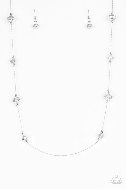 Paparazzi Accessories Champagne On The Rocks - Silver Infused with dainty silver accents, metallic and smoky crystal-like beads trickle along a dainty silver chain across the chest for a refined look. Features an adjustable clasp closure.Sold as one indiv