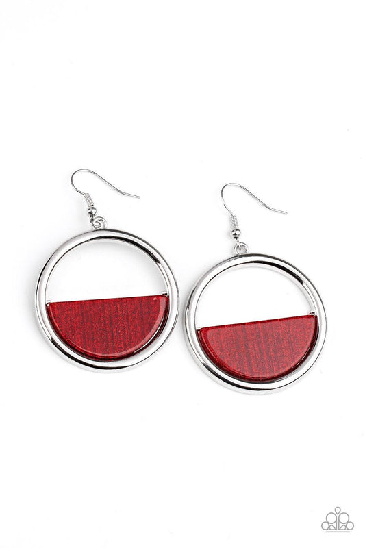 Paparazzi Accessories Stuck in Retrograde - Red A glittering Samba acrylic crescent frame is nestled on the bottom of a shimmery silver hoop, coalescing into a colorfully retro frame. Earring attaches to a standard fishhook fitting. Sold as one pair of ea