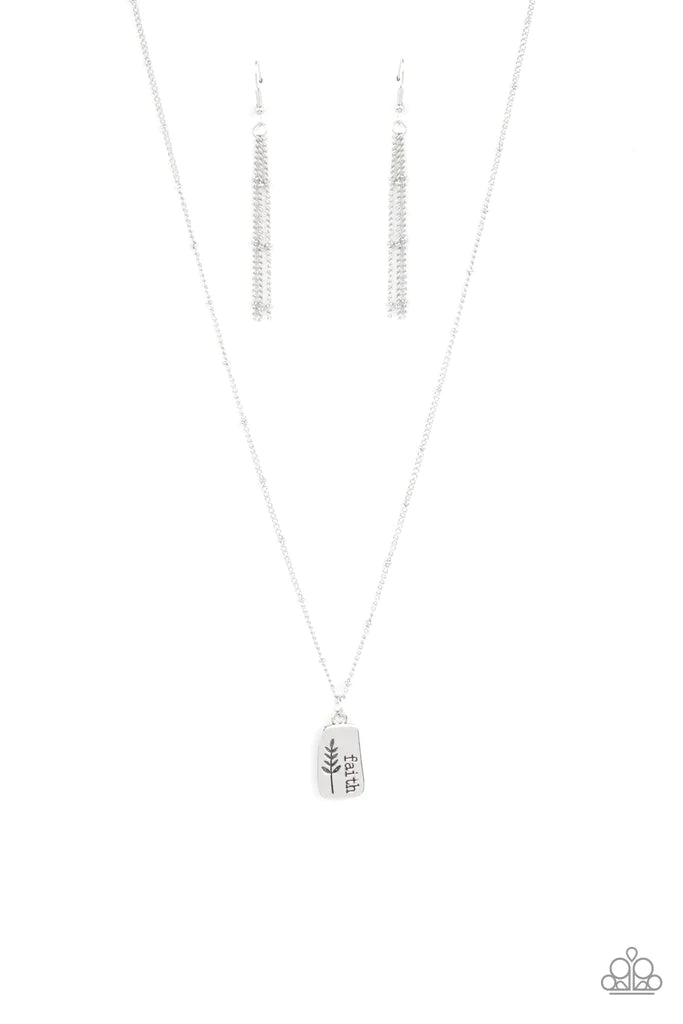 Paparazzi Accessories Faith Over Fear - Silver Stamped in a leafy accent, an asymmetrical silver plate is stamped in the word, "Faith," creating a dainty pendant below the collar. Features an adjustable clasp closure. Sold as one individual necklace. Incl