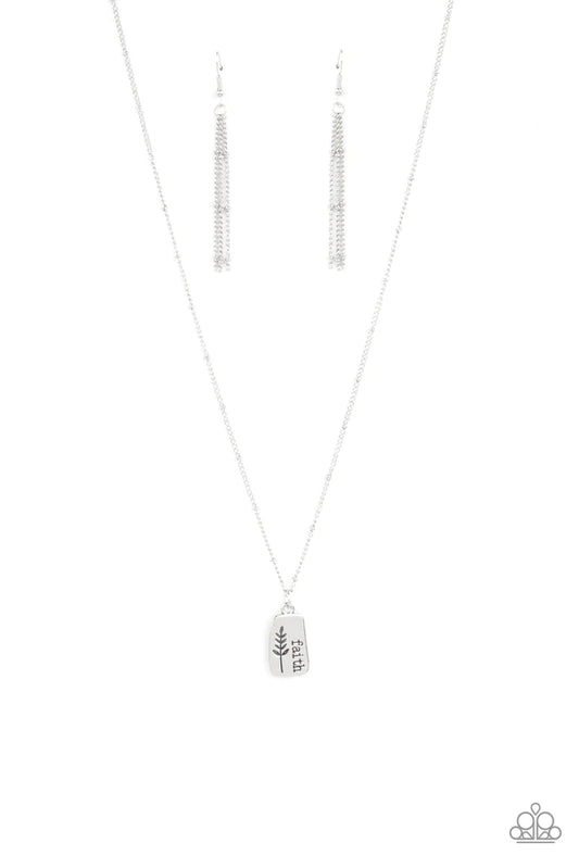 Paparazzi Accessories Faith Over Fear - Silver Stamped in a leafy accent, an asymmetrical silver plate is stamped in the word, "Faith," creating a dainty pendant below the collar. Features an adjustable clasp closure. Sold as one individual necklace. Incl