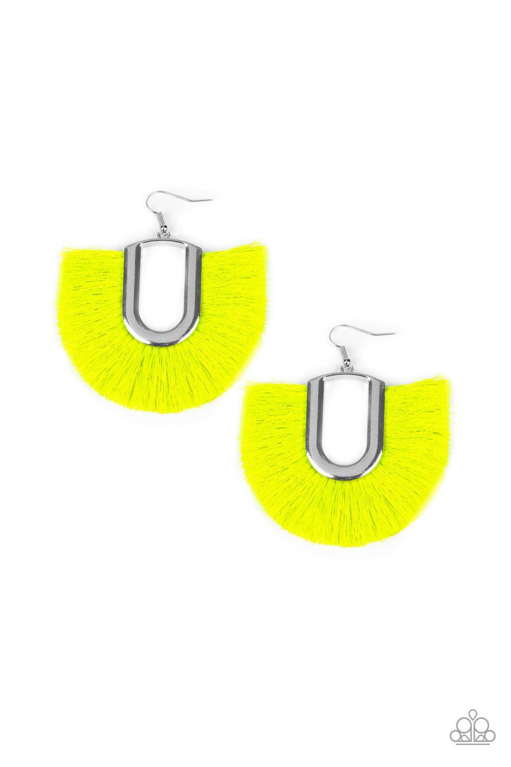 Paparazzi Accessories Tassel Tropicana - Yellow Neon yellow thread fans out from a striking silver fitting, creating a vivacious fringe. Earring attaches to a standard fishhook fitting. Jewelry