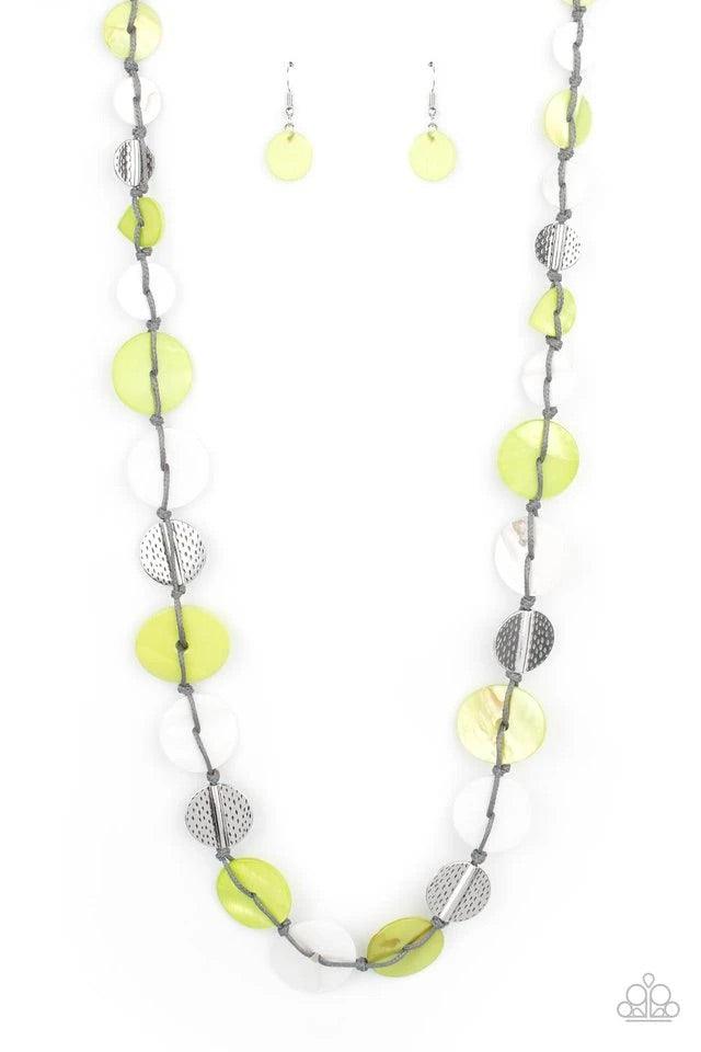 Paparazzi Accessories Seashore Spa ~Green Infused with hammered silver discs, an assortment of green and white shell-like discs are knotted in place along a gray cord, creating a summery display across the chest. Features an adjustable clasp closure. Sold