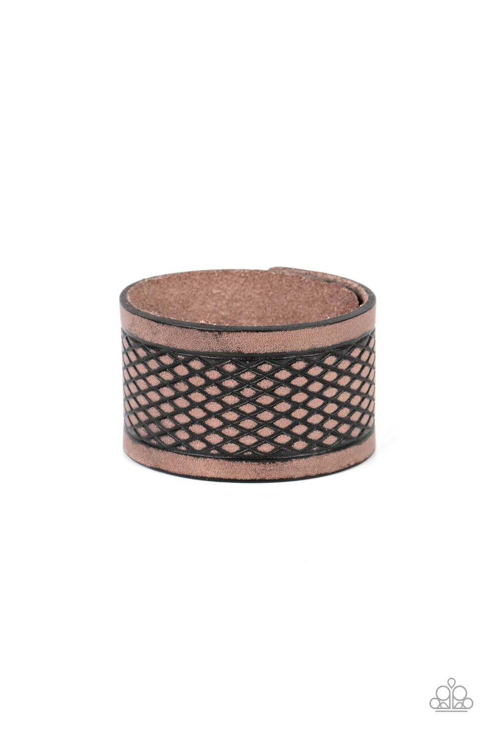 Paparazzi Accessories Country Cobra - Brown Stamped in a distressed diamond pattern, an oversized brown leather band curls around the wrist for a rustic effect. Features an adjustable snap closure. Sold as one individual bracelet. Jewelry
