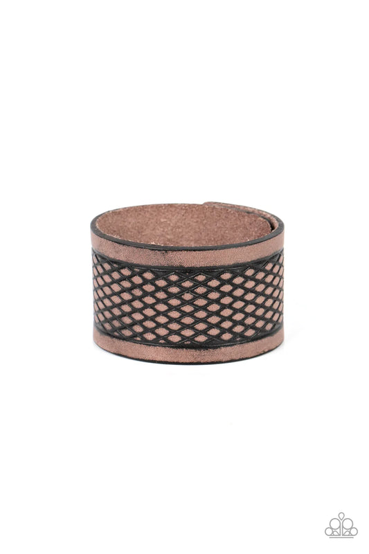 Paparazzi Accessories Country Cobra - Brown Stamped in a distressed diamond pattern, an oversized brown leather band curls around the wrist for a rustic effect. Features an adjustable snap closure. Sold as one individual bracelet. Jewelry