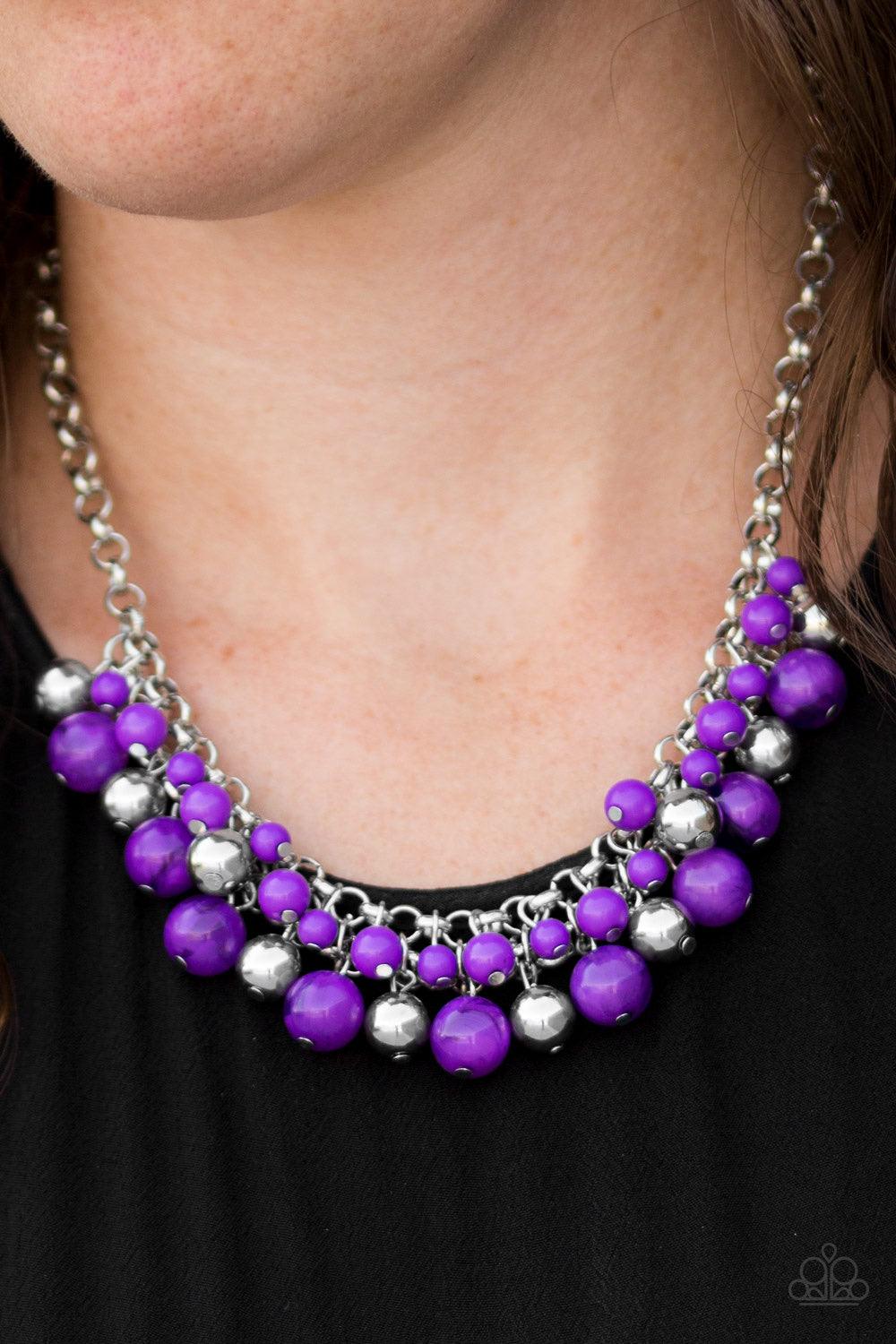 Paparazzi Accessories For The Love of Fashion - Purple Opaque purple beads trickle from the bottom of a bold silver chain. Infused with classic silver beading, the colorful fringe joins below the collar in a timelessly colorful fashion. Features an adjust