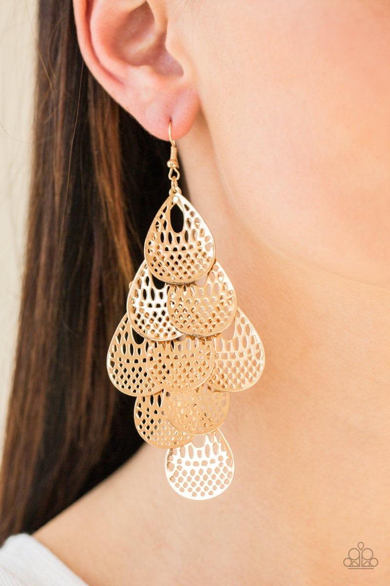 Paparazzi Accessories Lure Them In -Gold Stenciled in airy detail, shiny gold teardrops cascade from the ear, coalescing into a whimsical lure. Earring attaches to a standard fishhook fitting. Jewelry