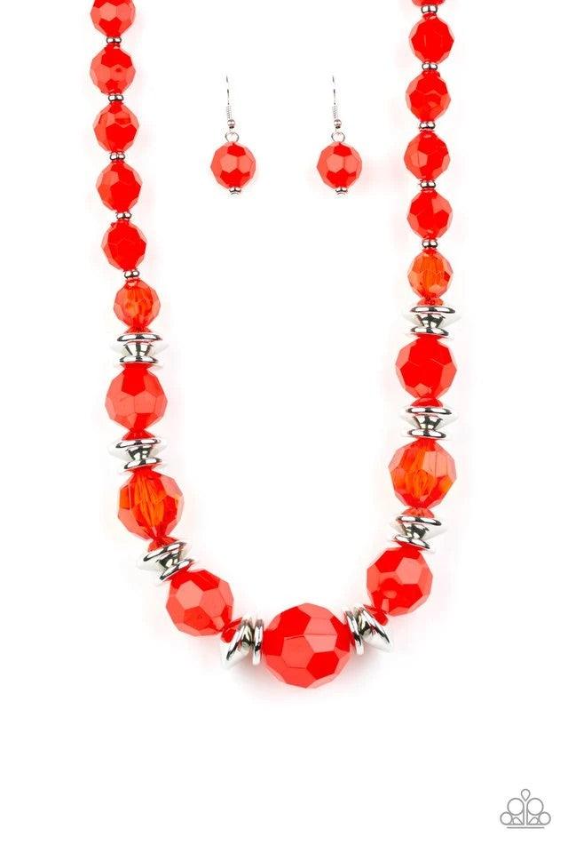 Paparazzi Accessories Dine and Dash - Red Infused with shimmery silver accents, faceted red beads gradually increase in size as they join below the collar for a fiery springtime look. Features an adjustable clasp closure. Sold as one individual necklace.