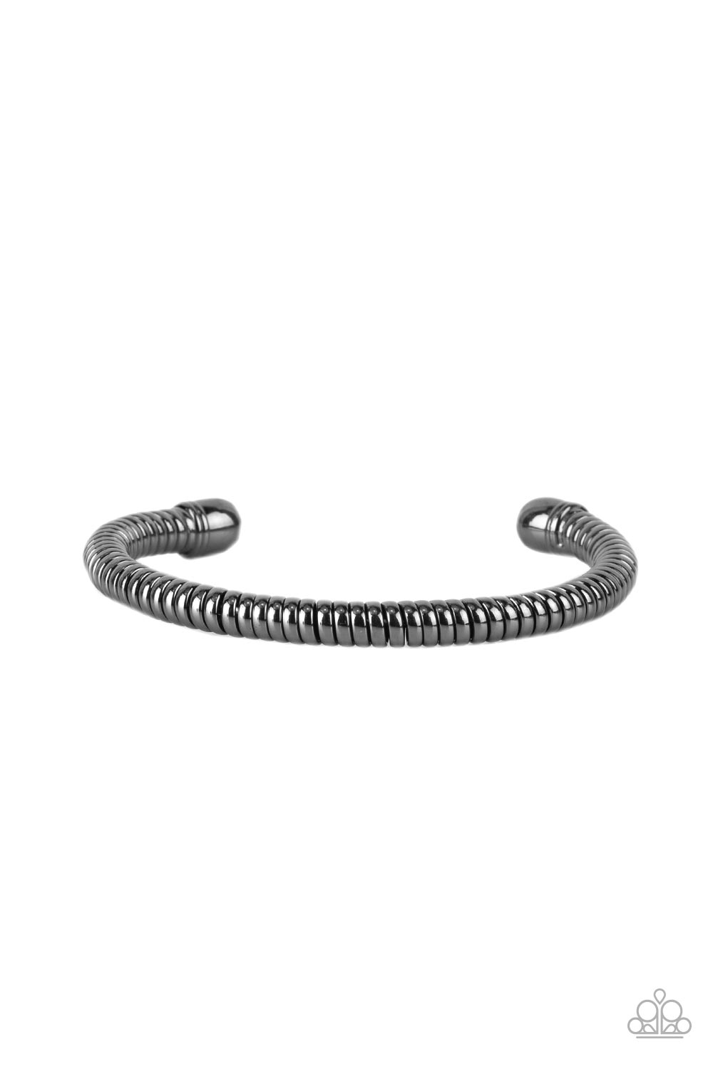 Paparazzi Accessories Turbocharged - Black A glistening gunmetal cable has been wrapped tightly around a gunmetal cuff, creating edgy shimmer around the wrist. Sold as one individual bracelet. Jewelry