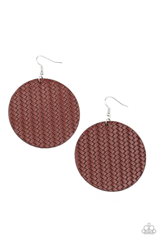 Paparazzi Accessories WEAVE Your Mark - Red Fired Brick cording weaves into a plaited frame for a colorfully rustic look. Earring attaches to a standard fishhook fitting. Sold as one pair of earrings. Jewelry