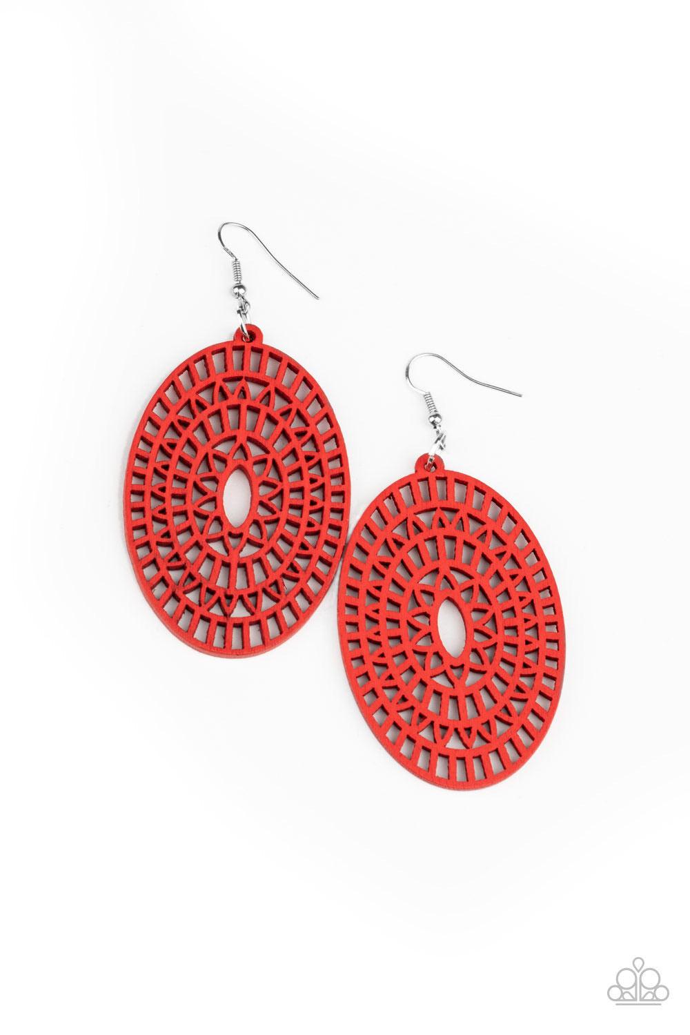 Paparazzi Accessories Tropical Retreat - Red Painted in a fiery Samba finish, an oval wooden frame has been cut into an airy floral stencil for a seasonal flair. Earring attaches to a standard fishhook fitting. Sold as one pair of earrings. Jewelry