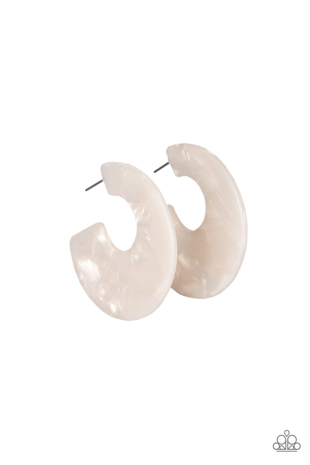 Paparazzi Accessories Tropically Torrid - White Brushed in an iridescent faux marble finish, a flat white hoop curls around the ear for a retro look. Earring attaches to a standard post fitting. Hoop measures 2" in diameter. Jewelry