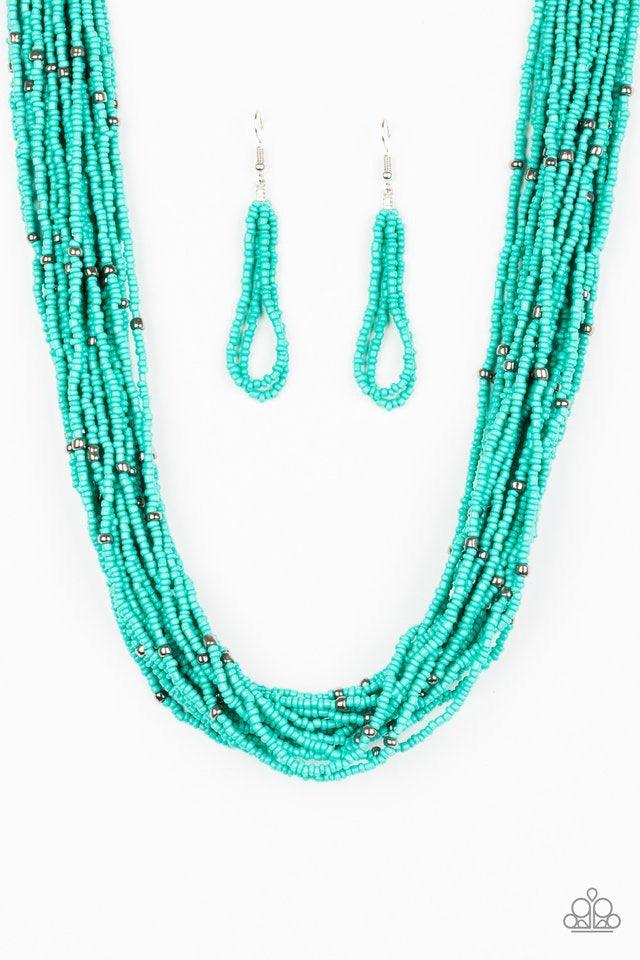 Paparazzi Accessories Summer Samba ~Blue Countless turquoise seed beads drape into a gorgeous layered cascade below the collar. Dainty metallic accents are sprinkled between the colorful beads, adding irresistible hints of shimmer to the seasonal palette.