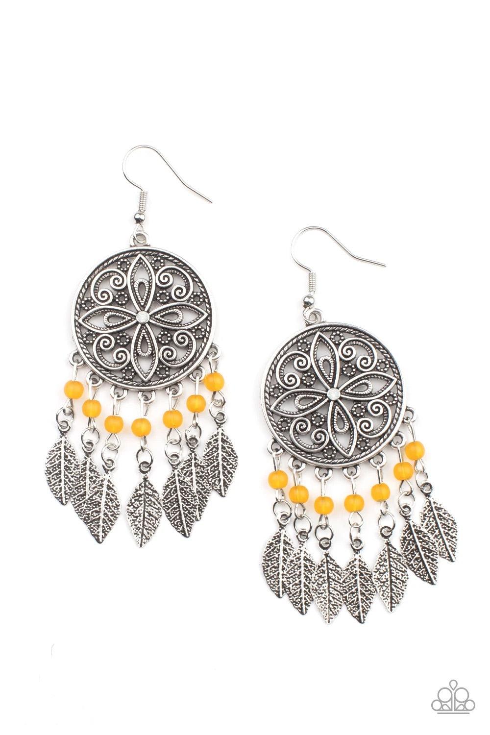 Paparazzi Accessories Free-Spirited Fashionista - Orange Dotted with a dainty iridescent rhinestone center, a mandala patterned silver frame gives way to a fringe of opaque orange beads and antiqued silver feathers, creating a whimsy centerpiece. Earring
