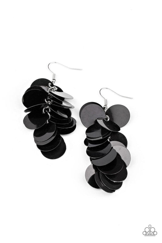 Paparazzi Accessories Now You SEQUIN It - Black A cluster of bubbly black sequins dangle from the ear, creating effortless effervescence. Earring attaches to a standard fishhook fitting. Sold as one pair of earrings. Jewelry