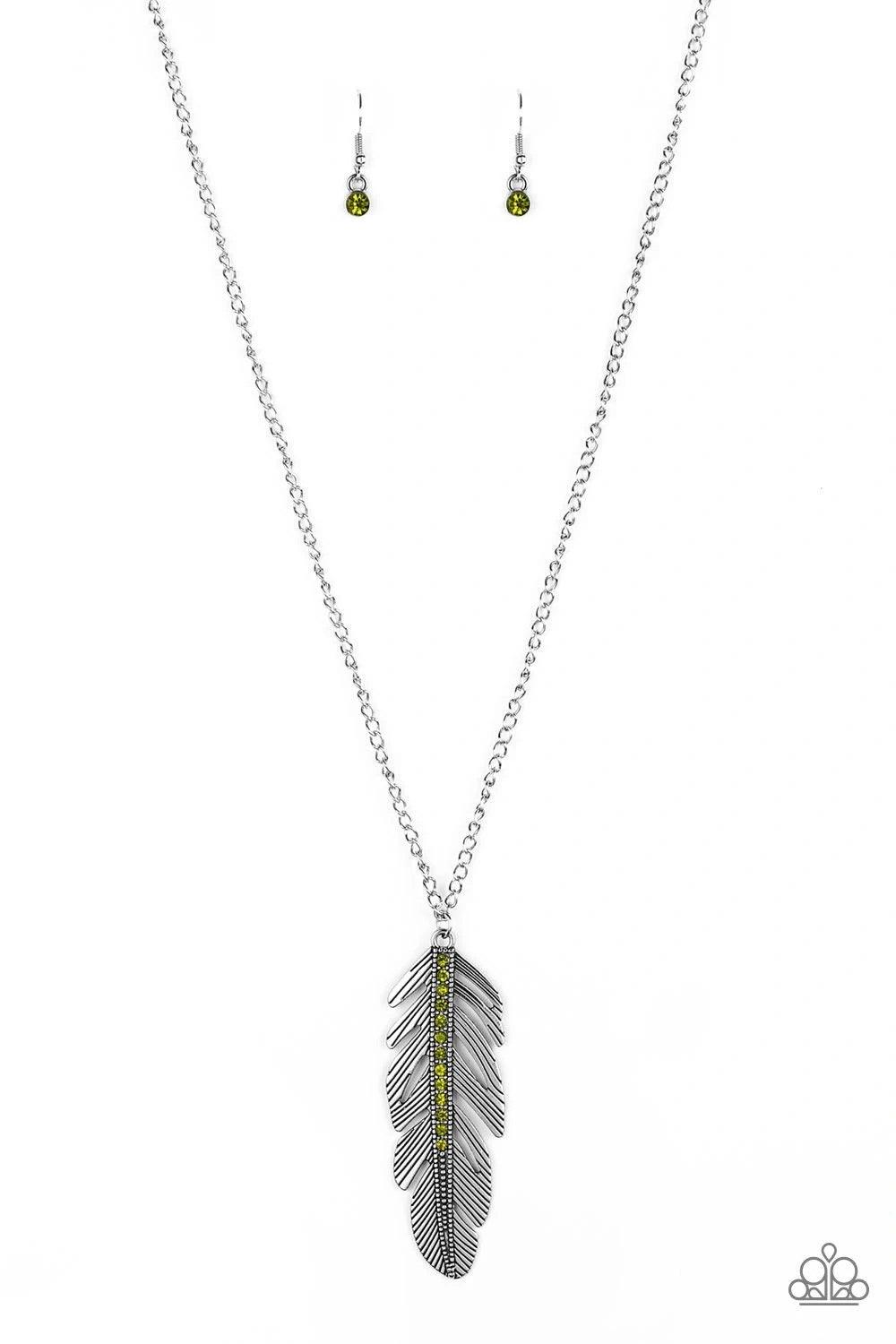 Paparazzi Accessories Sky Quest - Green Glittery green rhinestones are encrusted down the spine of a life-like silver feather. The whimsical pendant swings from the bottom of a lengthened silver chain for a seasonal look. Features an adjustable clasp clos