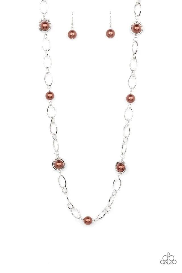 Paparazzi Accessories Fundamental Fashion - Brown Sections of oversized silver chain links and bubbly brown pearls delicately connect across the chest, resulting in a refined display. Features an adjustable clasp closure. Jewelry