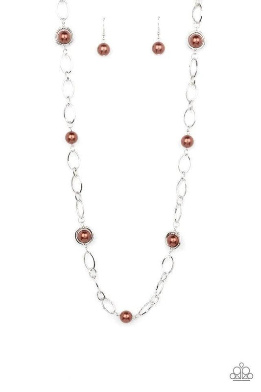 Paparazzi Accessories Fundamental Fashion - Brown Sections of oversized silver chain links and bubbly brown pearls delicately connect across the chest, resulting in a refined display. Features an adjustable clasp closure. Jewelry