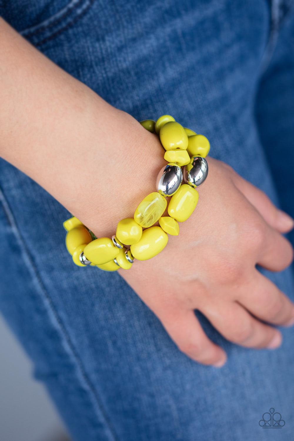 Paparazzi Accessories Fruity Flavor - Yellow Varying in size and color, fruity yellow and shiny silver beads are threaded along stretchy bands around the wrist, creating colorful layers. Jewelry