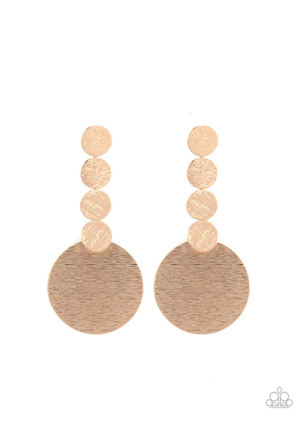 Paparazzi Accessories Idolized Illumination - Gold Featuring a delicately scratched surface, a row of dainty gold discs connects to a large gold disc, creating a bold display. Earring attaches to a standard post fitting. Sold as one pair of post earrings.