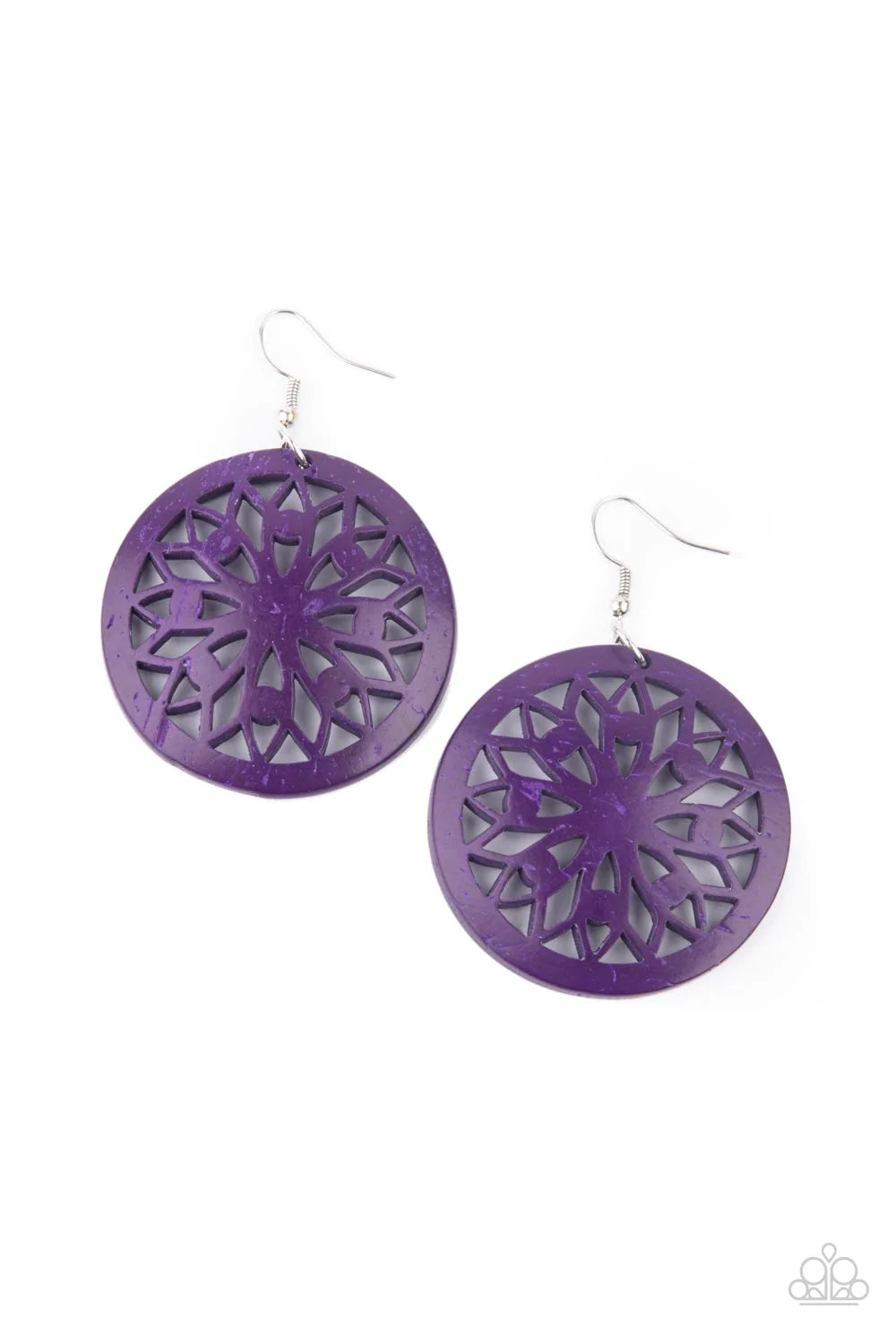 Paparazzi Accessories Ocean Canopy - Purple A bold mandala-inspired design is carved out of an oversized purple disc creating an eye-catching statement. Earring attaches to a standard fishhook fitting. Sold as one pair of earrings. Jewelry