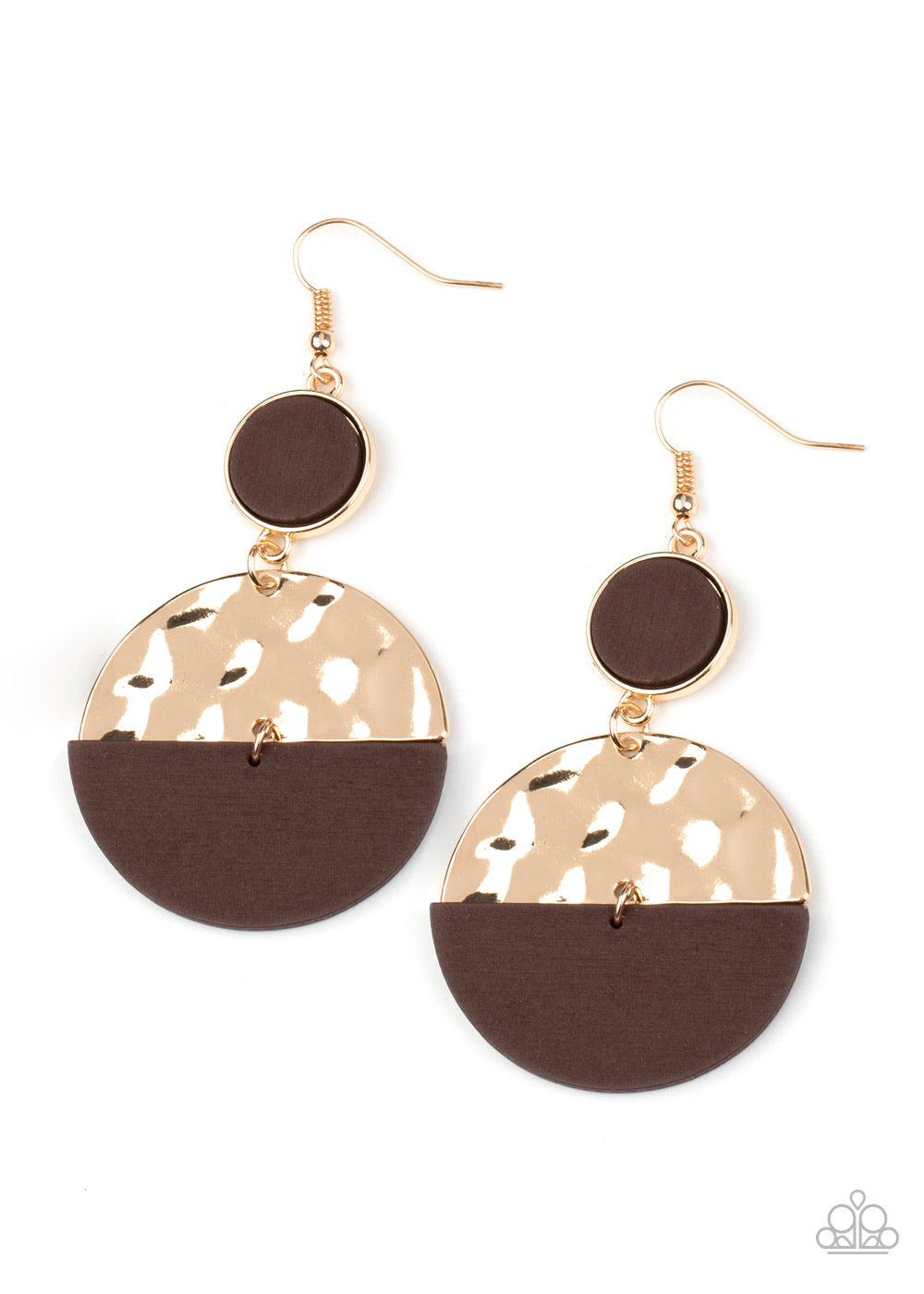 Paparazzi Accessories Natural Element - Gold A brown wooden crescent and hammered gold crescent link at the bottom of a round gold frame dotted with a brown wooden center for an earthy flair. Earring attaches to a standard fishhook fitting. Sold as one pa