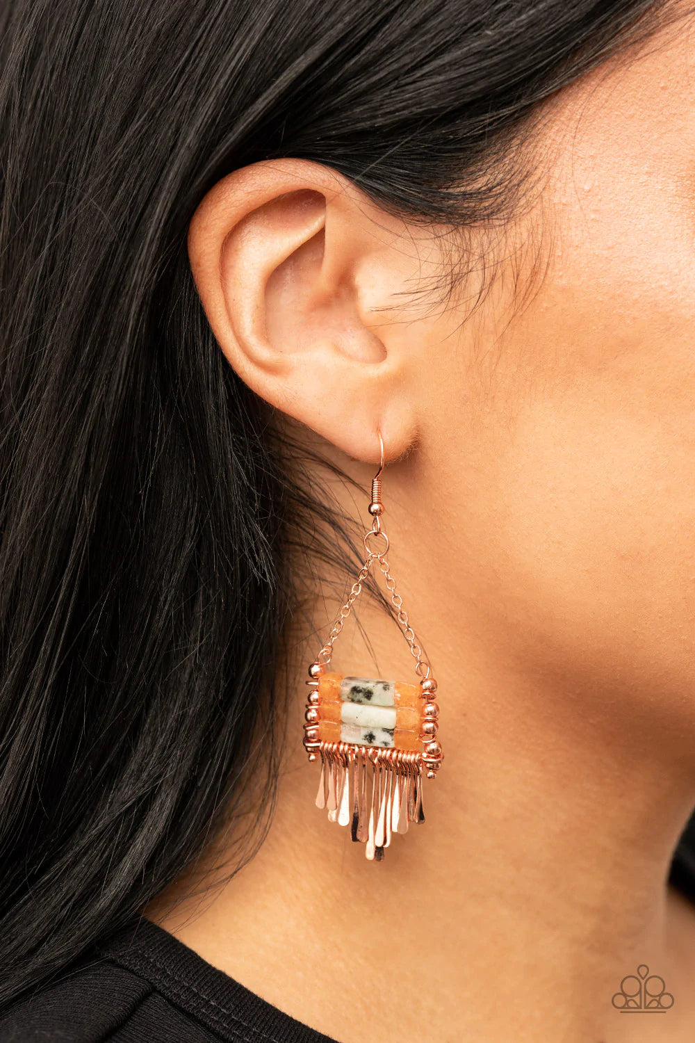 Paparazzi Accessories Riverbed Bounty - Copper Flared shiny copper rods swing from the bottom of a stacked row of natural and speckled stones, resulting in an earthy chandelier. Earring attaches to a standard fishhook fitting. Sold as one pair of earrings