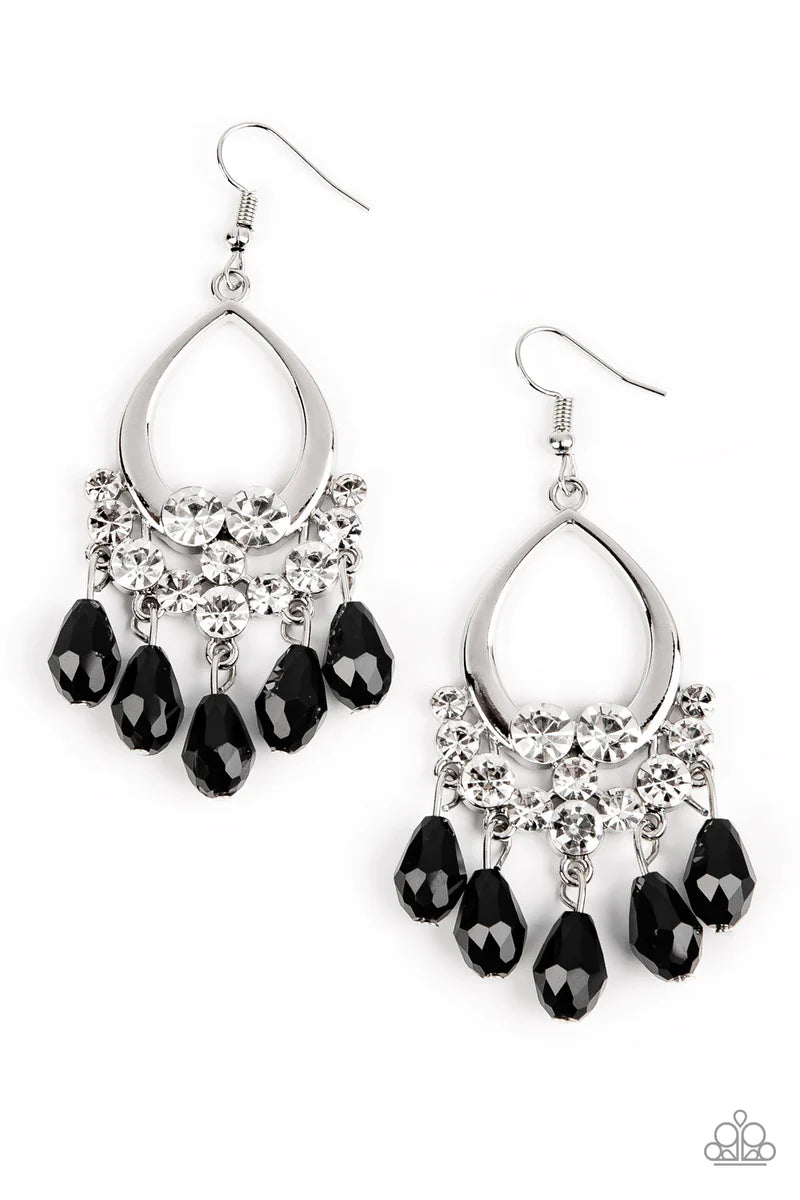 Paparazzi Accessories Famous Fashionista - Black Faceted black teardrop gems cascade from a collection of bubbly white rhinestones at the bottom of a shiny silver teardrop frame, creating a glamorous fringe. Earring attaches to a standard fishhook fitting