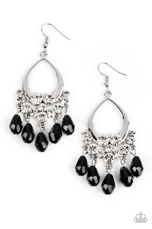 Paparazzi Accessories Famous Fashionista - Black Faceted black teardrop gems cascade from a collection of bubbly white rhinestones at the bottom of a shiny silver teardrop frame, creating a glamorous fringe. Earring attaches to a standard fishhook fitting