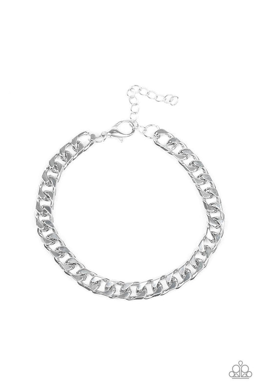 Paparazzi Accessories Take It To The Bank - White Featuring classic curb link chain, a thick silver chain wraps around the wrist for a sleek, metro look. Features an adjustable clasp closure. Jewelry