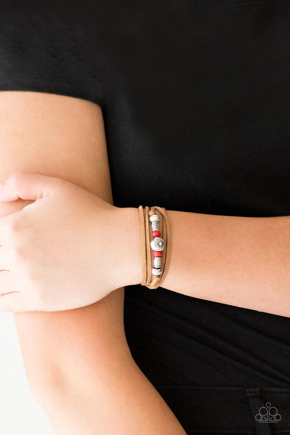 Paparazzi Accessories Find Your Way - Red An array of red and silver beads are knotted in place along elongated suede cording for a wanderlust fashion. To secure bracelet, tie ends in place around the wrist at desired length. Sold as one individual bracel